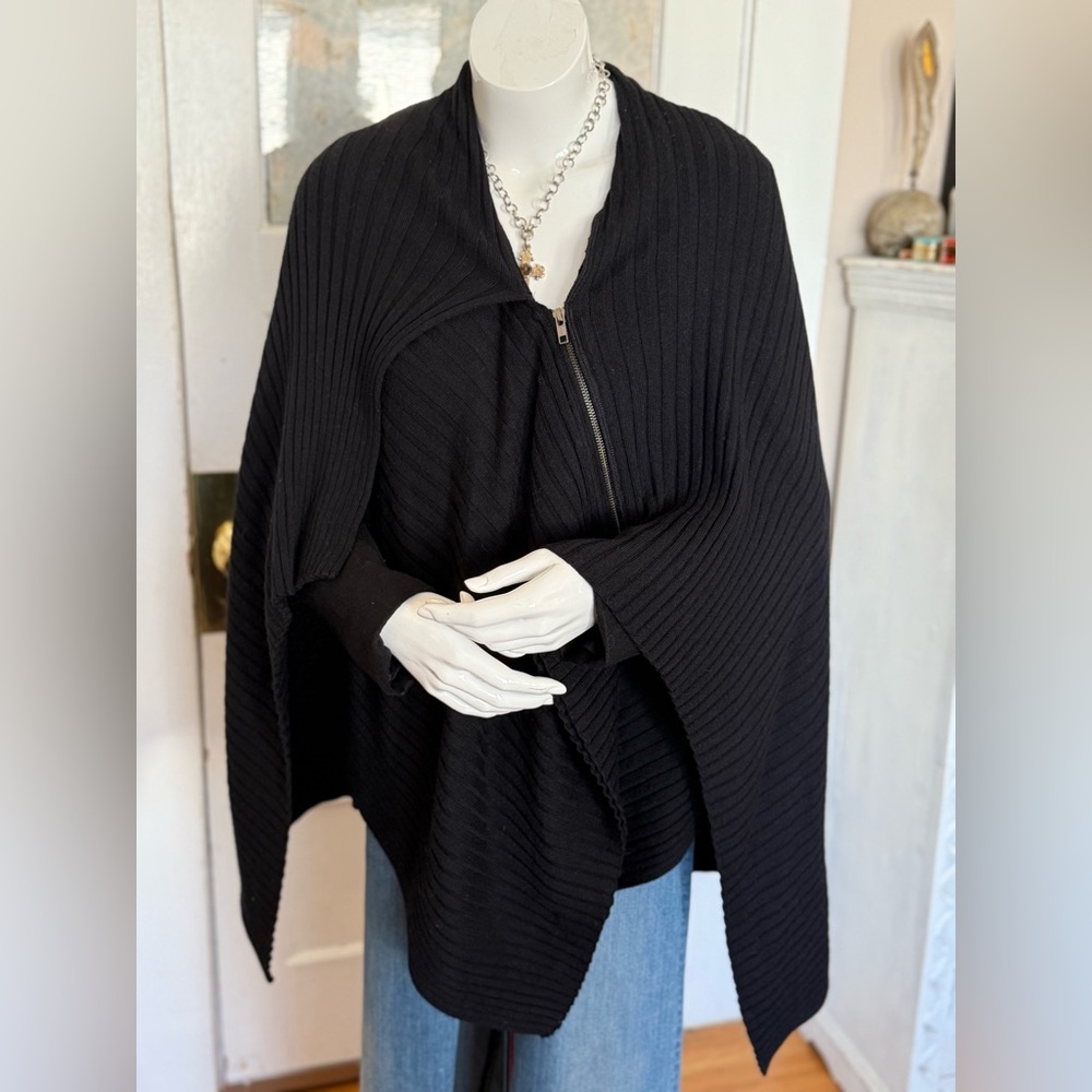 White + Warren Black Ribbed Sweater Cape
